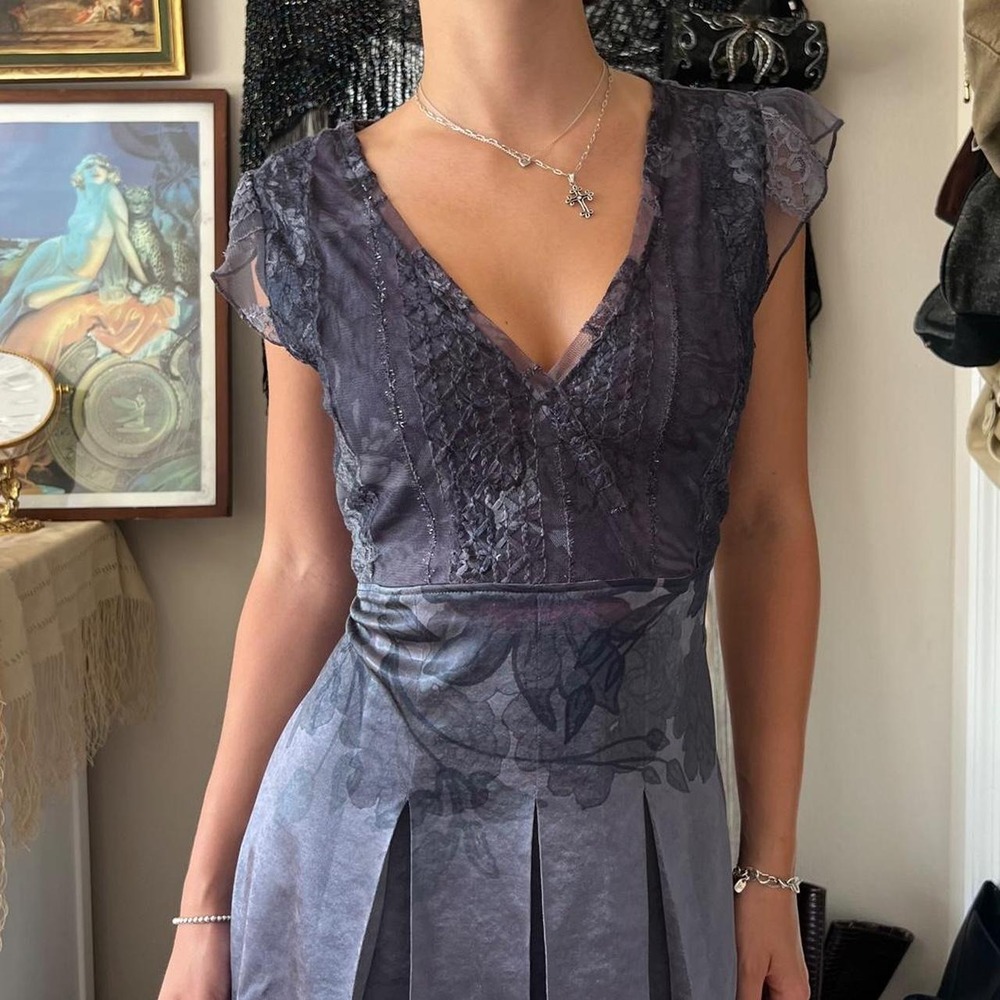 Per Una Speziale Gray Fairy Grunge Pleated Mini Dress Floral Lace Tunic Top 10 - Picture 2 of 5